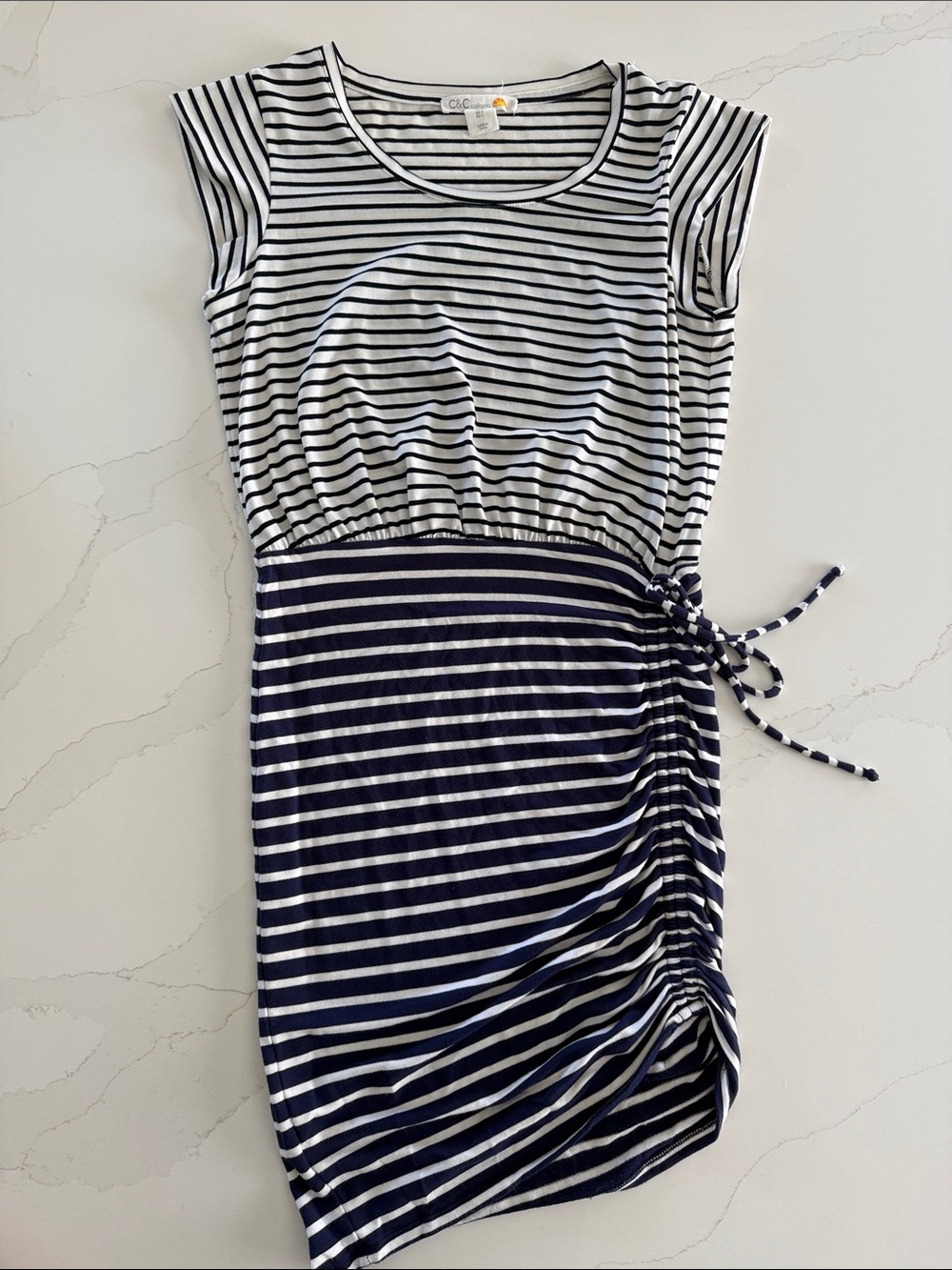 C&C California Navy and White Striped Side-Tie Mini Dress